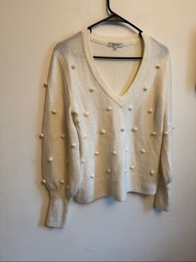Madewell Ivory Pom-Pom V-Neck Sweater